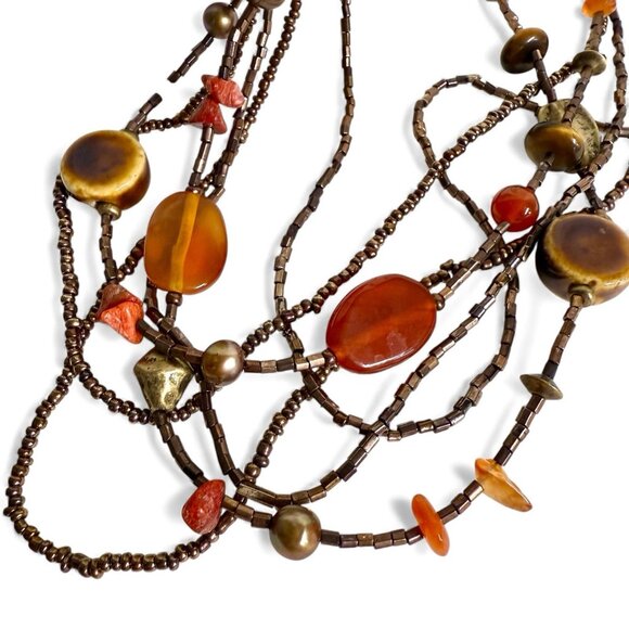Coldwater Creek Carnelian Agate Tiger’s Eye Multi Strand Necklace Boho Bronze - Picture 4 of 9